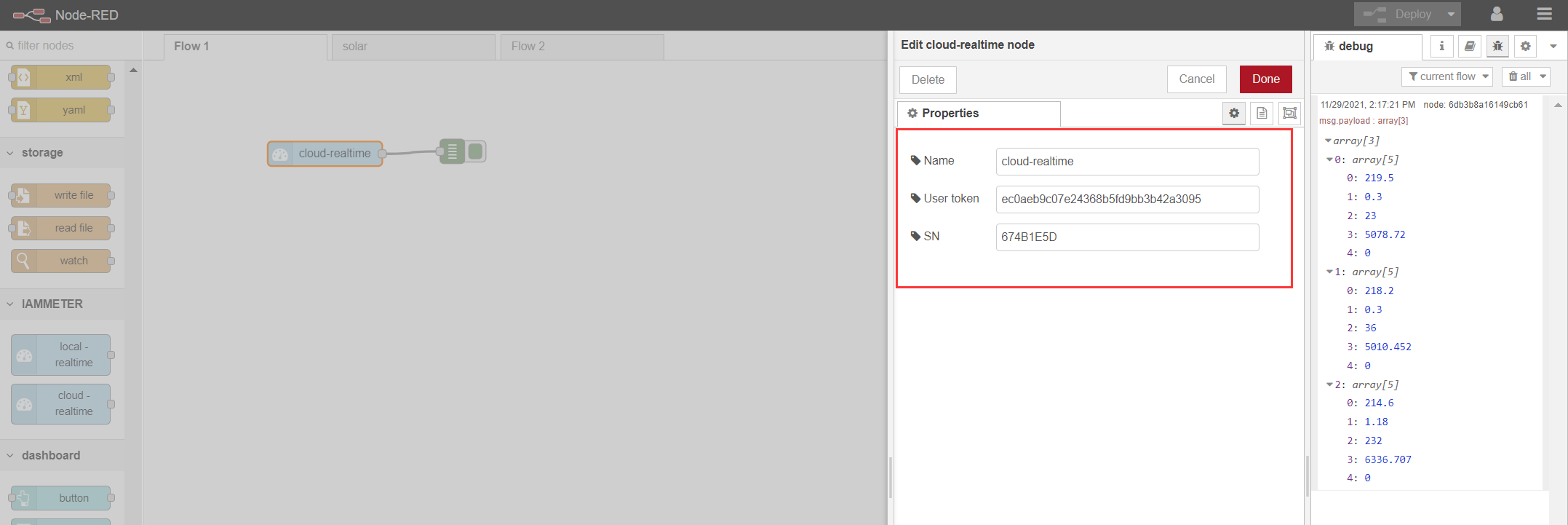 Ottieni i dati energetici da IAMMETER-cloud in nodered